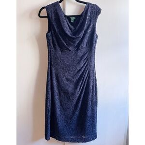 Lauren Ralph Lauren Dress Womens 10 Blue Lace Sequin Cowl Neck Sleeveless Ruched